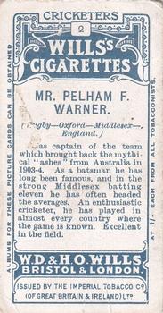 1908 WILLS's Cigarettes; Cricketers #2 Pelham Warner Back