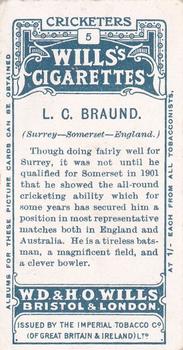 1908 WILLS's Cigarettes; Cricketers #5 Len Braund Back