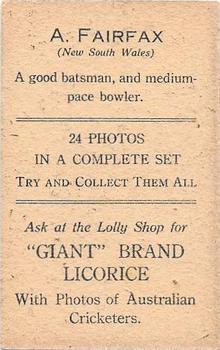 1930 Australian Licorice Australian Cricketers #NNO Alan Fairfax Back