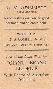 1930 Australian Licorice Australian Cricketers #NNO Clarrie Grimmett Back