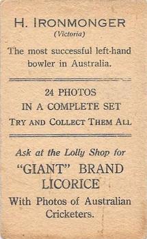 1930 Australian Licorice Australian Cricketers #NNO Bert Ironmonger Back