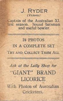 1930 Australian Licorice Australian Cricketers #NNO Jack Ryder Back