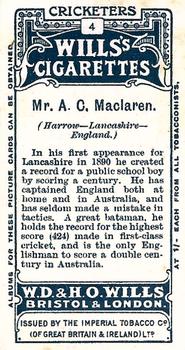 1908 WILLS'S Cigarettes; Cricketers (Large S) #4 Archie MacLaren Back