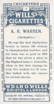 1908 WILLS'S Cigarettes; Cricketers (Large S) #7 Arnold Warren Back