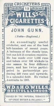 1908 WILLS'S Cigarettes; Cricketers (Large S) #13 John Gunn Back