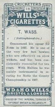 1908 WILLS'S Cigarettes; Cricketers (Large S) #18 Thomas Wass Back