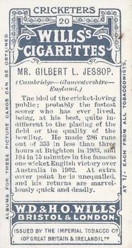 1908 WILLS'S Cigarettes; Cricketers (Large S) #20 Gilbert Jessop Back