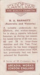 1934 Carreras A Series Of 50 Cricketers #3 Ben Barnett Back
