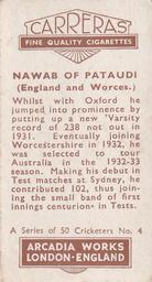 1934 Carreras A Series Of 50 Cricketers #4 Nawab of Pataudi Back