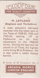 1934 Carreras A Series Of 50 Cricketers #5 Maurice Leyland Back