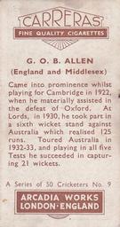 1934 Carreras A Series Of 50 Cricketers #9 George Allen Back
