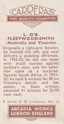 1934 Carreras A Series Of 50 Cricketers #13 Chuck Fleetwood-Smith Back
