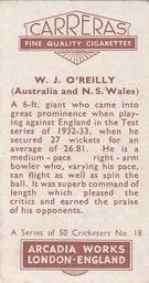 1934 Carreras A Series Of 50 Cricketers #18 Bill O'Reilly Back
