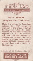1934 Carreras A Series Of 50 Cricketers #19 Bill Bowes Back
