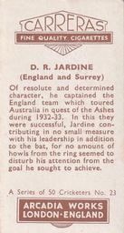 1934 Carreras A Series Of 50 Cricketers #23 Douglas Jardine Back