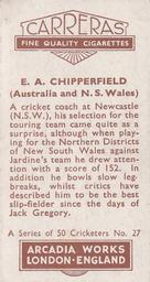 1934 Carreras A Series Of 50 Cricketers #27 Arthur Chipperfield Back