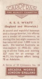 1934 Carreras A Series Of 50 Cricketers #28 Bob Wyatt Back