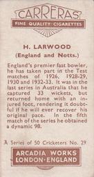 1934 Carreras A Series Of 50 Cricketers #29 Harold Larwood Back