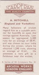 1934 Carreras A Series Of 50 Cricketers #31 Arthur Mitchell Back