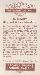 1934 Carreras A Series Of 50 Cricketers #34 George Geary Back