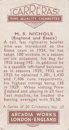 1934 Carreras A Series Of 50 Cricketers #37 Maurice Nichols Back