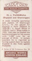 1934 Carreras A Series Of 50 Cricketers #39 Maurice Turnbull Back