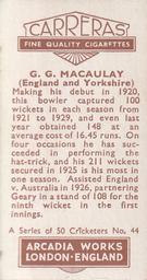 1934 Carreras A Series Of 50 Cricketers #44 George Macaulay Back