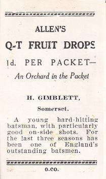 1938 Allen's Test Cricketers #20 Harold Gimblett Back
