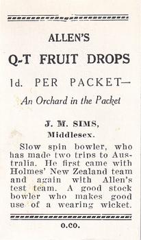 1938 Allen's Test Cricketers #23 Jim Sims Back