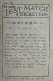 1926 Amalgamated Press Famous Test Match Cricketers #2 Warren Bardsley Back