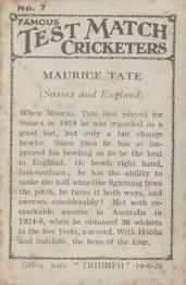 1926 Amalgamated Press Famous Test Match Cricketers #7 Maurice Tate Back