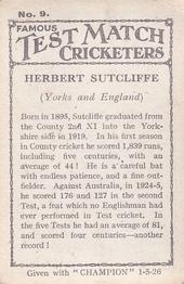 1926 Amalgamated Press Famous Test Match Cricketers #9 Herbert Sutcliffe Back