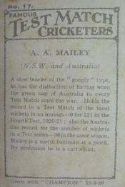 1926 Amalgamated Press Famous Test Match Cricketers #17 Arthur Mailey Back