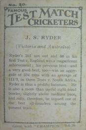 1926 Amalgamated Press Famous Test Match Cricketers #20 Jack Ryder Back
