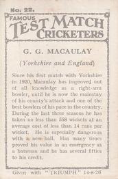 1926 Amalgamated Press Famous Test Match Cricketers #22 George Macaulay Back