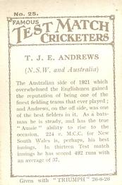1926 Amalgamated Press Famous Test Match Cricketers #25 Thomas Andrews Back