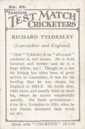 1926 Amalgamated Press Famous Test Match Cricketers #32 Richard Tyldesley Back