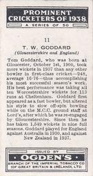 1938 Ogden's Prominent Cricketers #11 Tom Goddard Back
