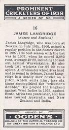 1938 Ogden's Prominent Cricketers #16 James Langridge Back