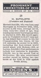 1938 Ogden's Prominent Cricketers #28 Herbert Sutcliffe Back