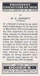1938 Ogden's Prominent Cricketers #37 Ben Barnett Back