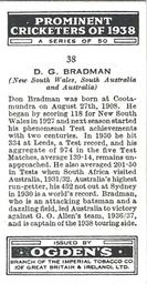 1938 Ogden's Prominent Cricketers #38 Don Bradman Back