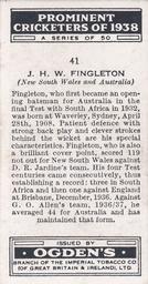 1938 Ogden's Prominent Cricketers #41 Jack Fingleton Back