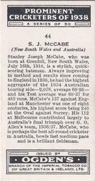 1938 Ogden's Prominent Cricketers #44 Stan McCabe Back