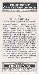1938 Ogden's Prominent Cricketers #46 Bill O'Reilly Back