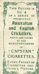 1907 Wills's Capstan Cigarettes Prominent Australian and English Cricketers #4 Victor Trumper Back