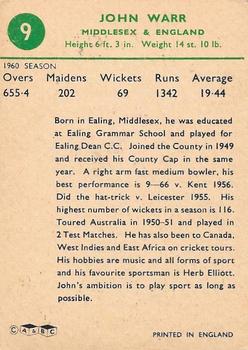 1961 A&BC Cricket 1961 Test Series (Standard Border) #9 John Warr Back