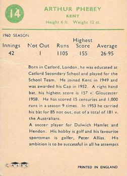 1961 A&BC Cricket 1961 Test Series (Standard Border) #14 Arthur Phebey Back