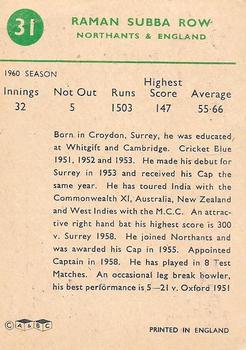 1961 A&BC Cricket 1961 Test Series (Standard Border) #31 Raman Subba Row Back