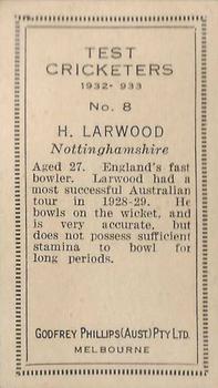 1932 Godfrey Phillips Test Cricketers #8 Harold Larwood Back